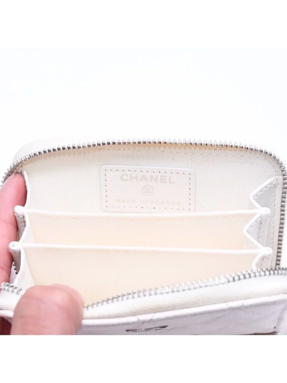 Chanel Classic Coin Purse Stand CC Logo Caviar Leather White Silver
